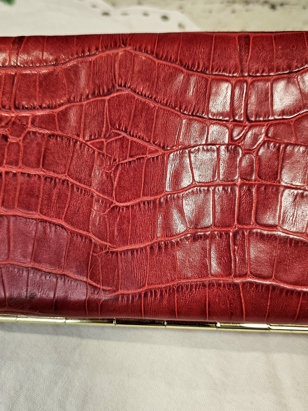 Vintage Red ABAS Genuine Leather Wallet Croc Embossed Frame Clutch Organizer